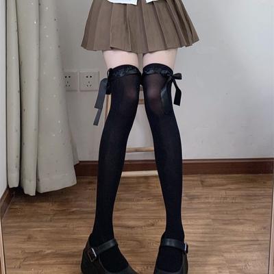 Lace Bow Over Knee Sweet Girl Pure Desire Wind Xiaohongshu Satin Lace Tall Socks Butterfly Ribbon