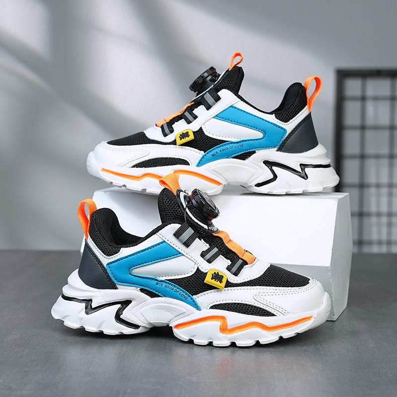Boys shoes 2025 autumn new middle-aged and older boys rotating buckle mesh leather running shoes children's sports shoes