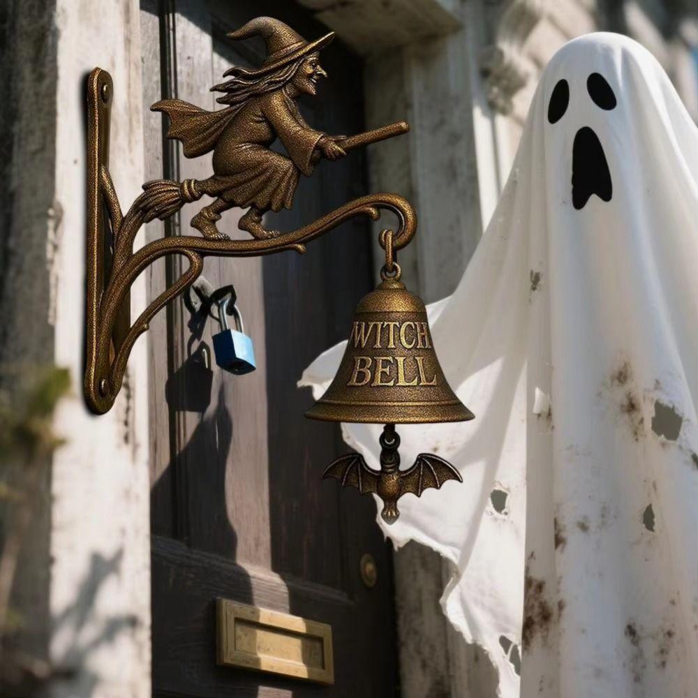 Wall Mount Witch Doorbell Witch On Broom Design Decorative Accessory Cast Iron Door Hanger Bell Welcome Doorbell