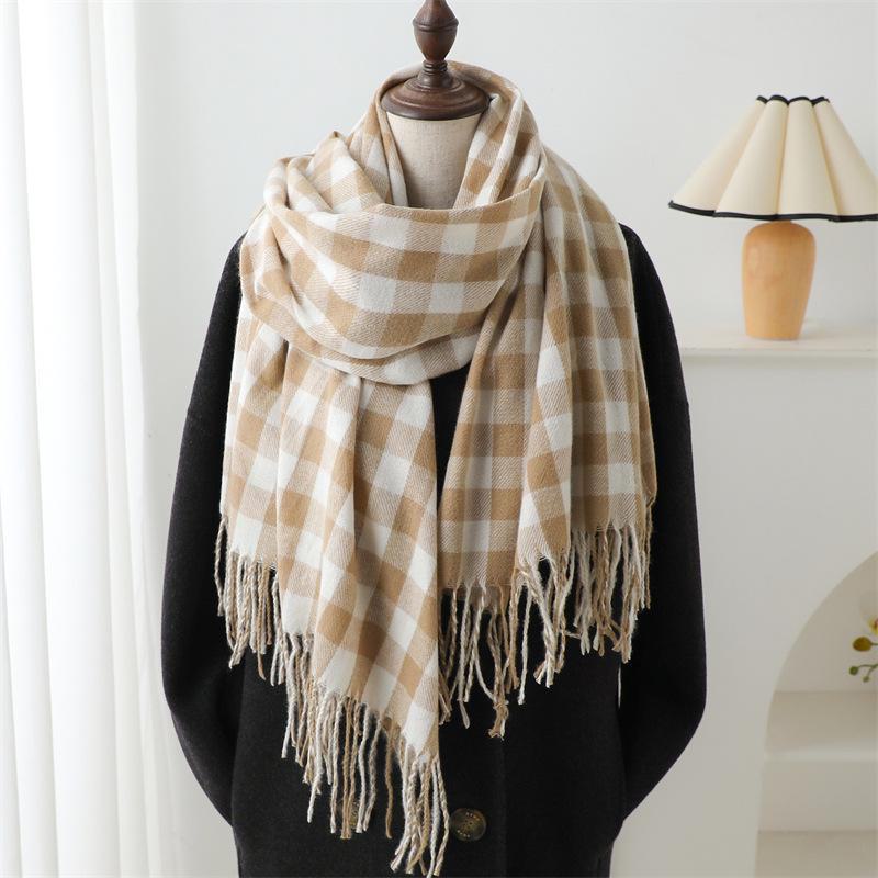 Stilvoller koreanischer Karoschal mit Kaschmirgefühl - Damen Quastenschal für Herbst & Winter