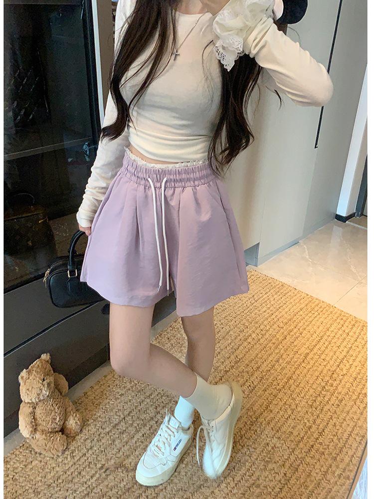 

Женские шорты с высокой талией и кулиской, синие - Летние повседневные, Слим-фит, Широкие штанины для учениц средней школы L (recommended 53-58 kg) фиолетовый