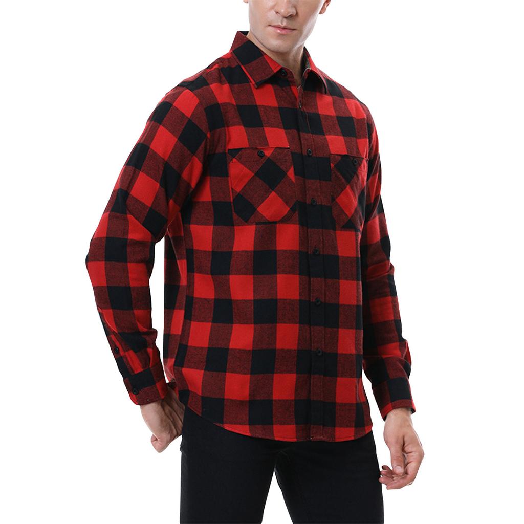 Men's Casual Fashion Plaid Long Sleeve Shirt Men's Pocket Button Shirt