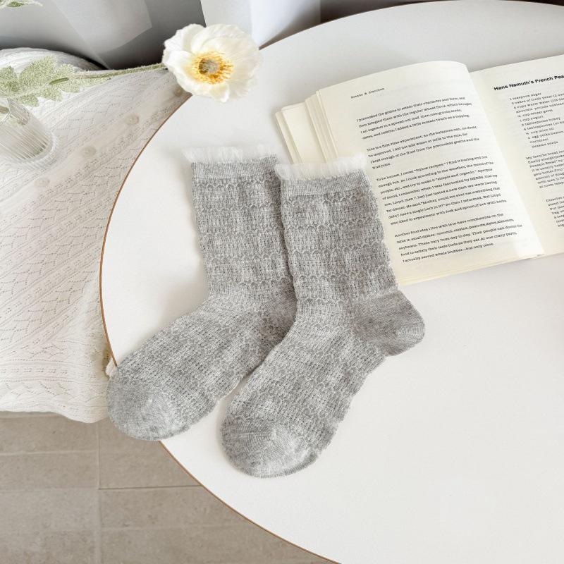 Women's Japanese-Style Lace Trim Mulberry Silk Socks - Sweet, Thin, Mid-Calf, Seamless, Hollow Design for Spring/Summer.