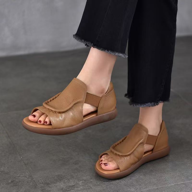 Simple and Versatile Flat-soled Sandals Women's Leather 2025 Summer New Soft Leather Hollow Open-toed Roman Sandals Elastic Band