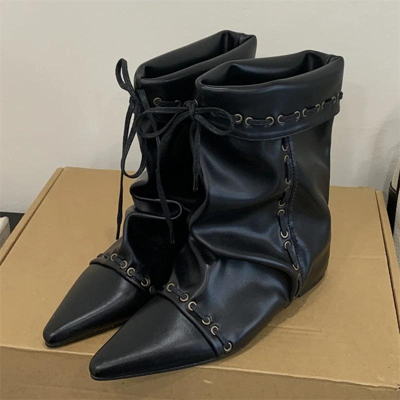 Fashion Autumn Retro Brown Faux Suede Boots Women Fashion Pointed Toe Lace-Up Ankle Boots Comfort Non-slip Flat Boots Botines De Mujer