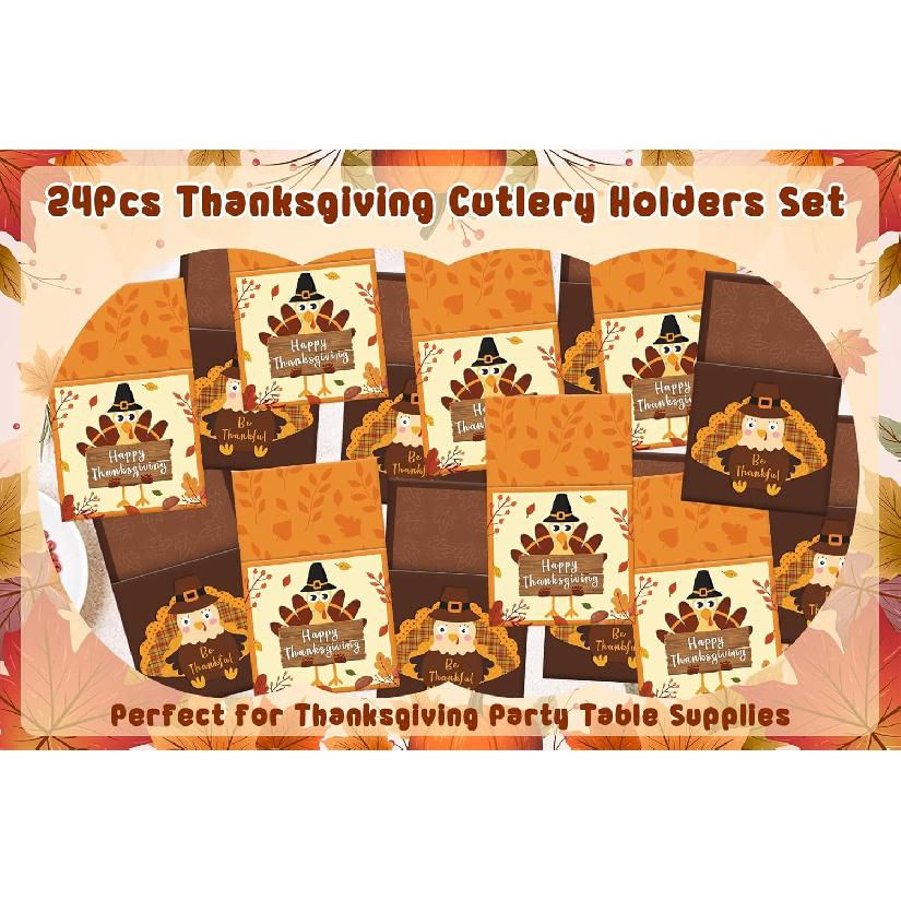 24PCS Thanksgiving Cutlery Holders Set Happy Thanksgiving Turkey Utensil Fall Utensil Holder Turkey Utensils Decor for Autumn Fall Harvest Party