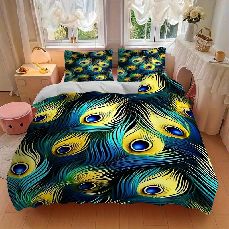 3Pcs Peacock Feather Pattern Printed Bedding Set, Breathable And Soft,(Includes 1 Duvet Cover And 2 Pillowcases, Quilt Not Included) Yy250815164