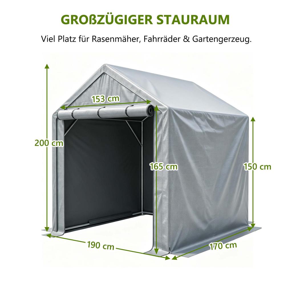 Grey Waterproof UV‑Resistant Portable Storage Shed, Galvanized Steel Frame Roll‑Up Zipper Garden Tent for Bikes Firewood Tools