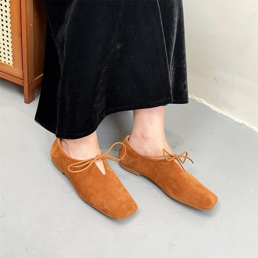 Johnature Square Toe Loafers Frosted Cowhide Versatile Handmade Lace-up Genuine Leather Women's Flat Shoes