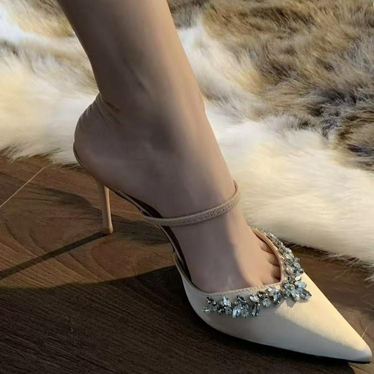 2025 Summer New Pointed Rhinestone High Heel Fine Heel Champagne One Word with Sandals Half Drag Cool Slippers Outer Wear Women