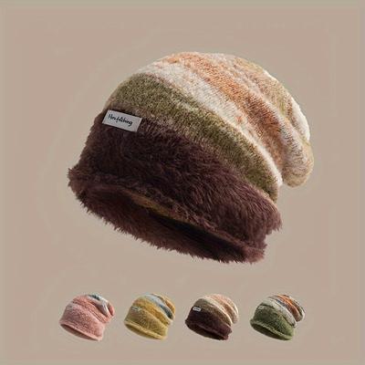 Panama Women's Autumn and Winter Warm Pile Head Cold Hat Knitted Warm Striped Winter Cap Fashion Accessory