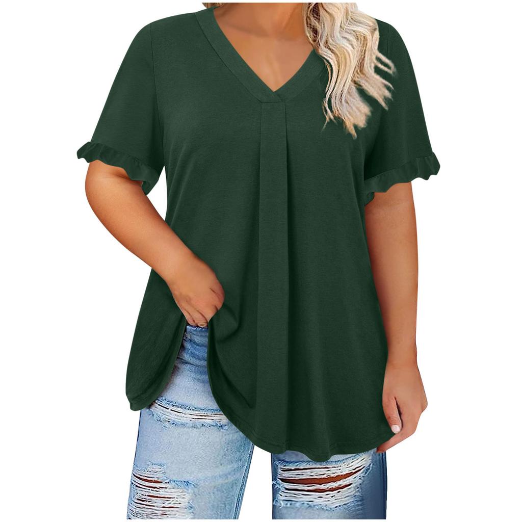 Women S Plus Size Casual Solid Short Sleeve Petal Sleeve V Neck Top