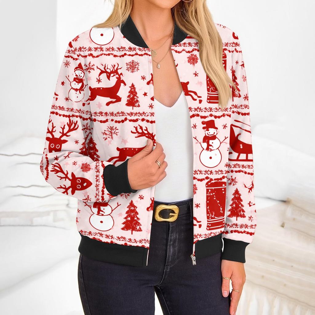 Women's Christmas Print Zip-Up Jacket with Long Sleeve Round Neck Casual Outerwear