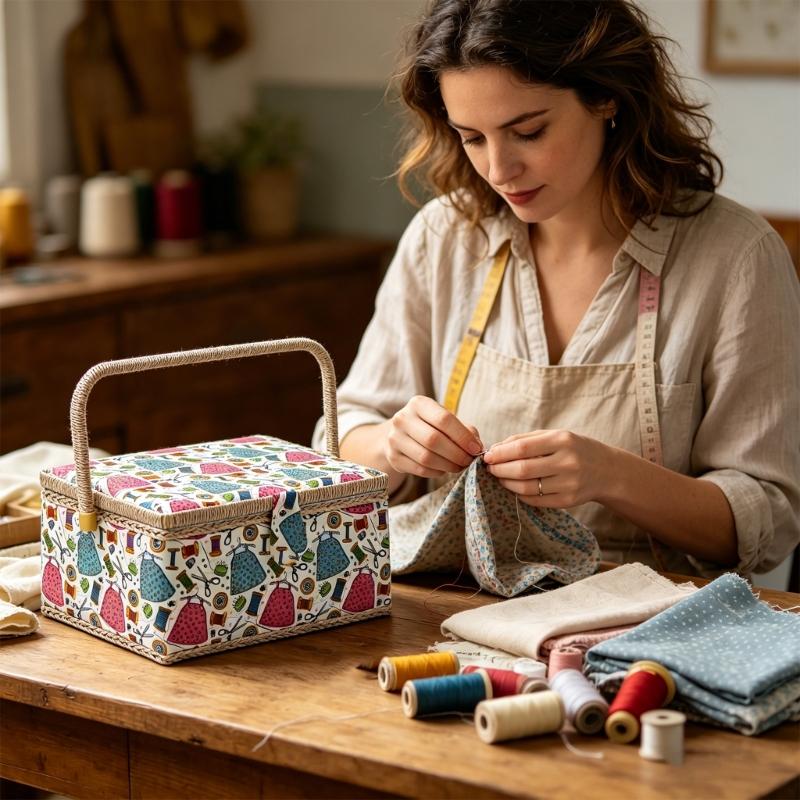 Large Capacity Fabric Sewing Box With Magnetic Closure And Adjustable Compartments For Crafting And Needlework Storage