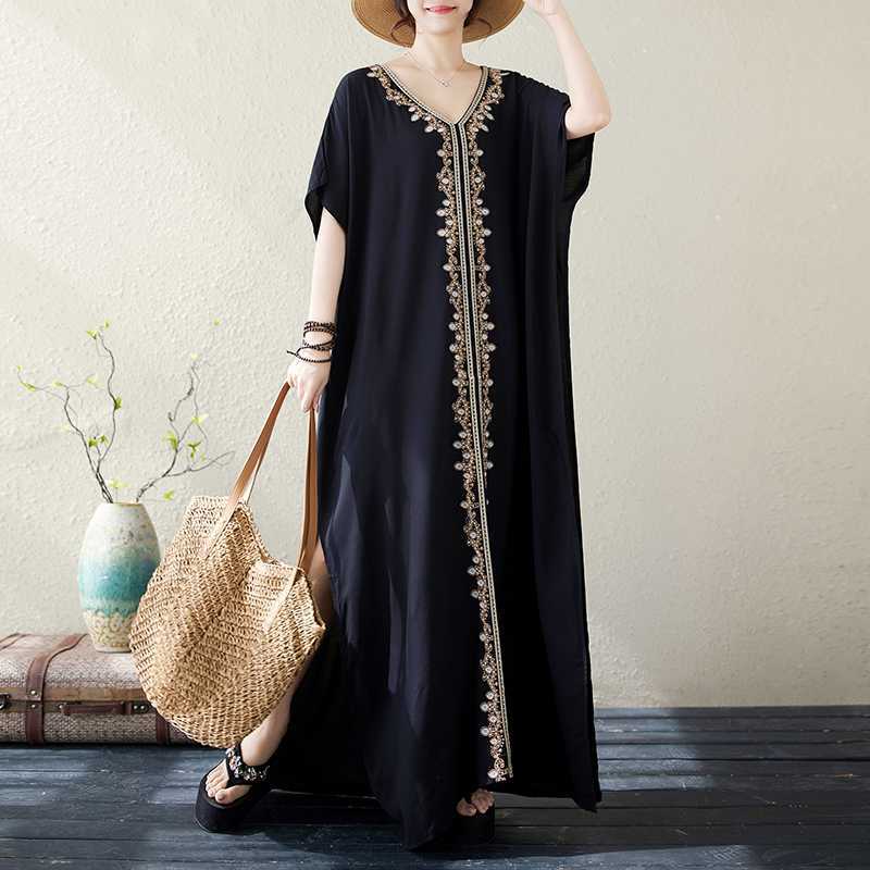 

Однотонная Тяжелая Вышивка Большого Размера Свободный Пуловер с V-образным Вырезом Богемный Отпуск Однотонные Длинные Платья One Size чёрный