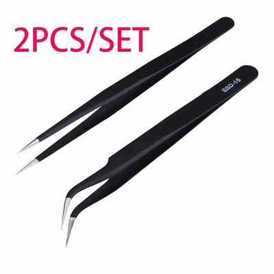 Lot de 2 pinces de précision antistatiques en acier inoxydable, outils de réparation électronique, pinces à épiler pour cils, nail art, nid d'oiseau