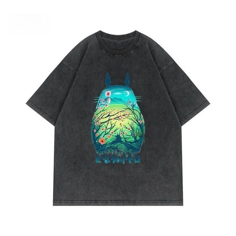 Animation Movie Totoro with Miyazaki Hayao Grass Wall Mei Around The Retro Wash Short-sleeved T-shirt Lovers Shirt