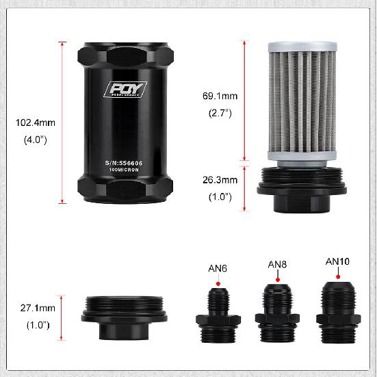 PQY BLACK AN6 / AN8 / AN10 Inline Fuel Filter E85 Ethanol With 100 Micron Stainless steel element and PQY sticker