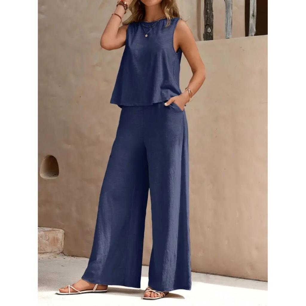 Women's Loose Fit Two Piece Outfit Sleeveless Tank Top Elastic Waist Wide Leg Pantsuit