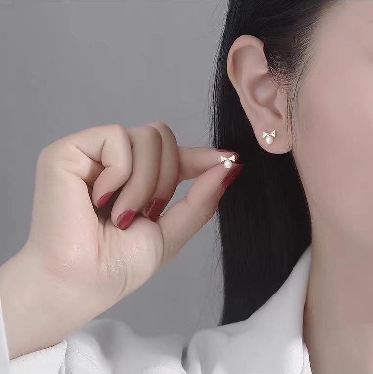 Pearl Stud Earrings: Japanese & Korean Bow Design for Women, Anti-Allergy Silver Needle