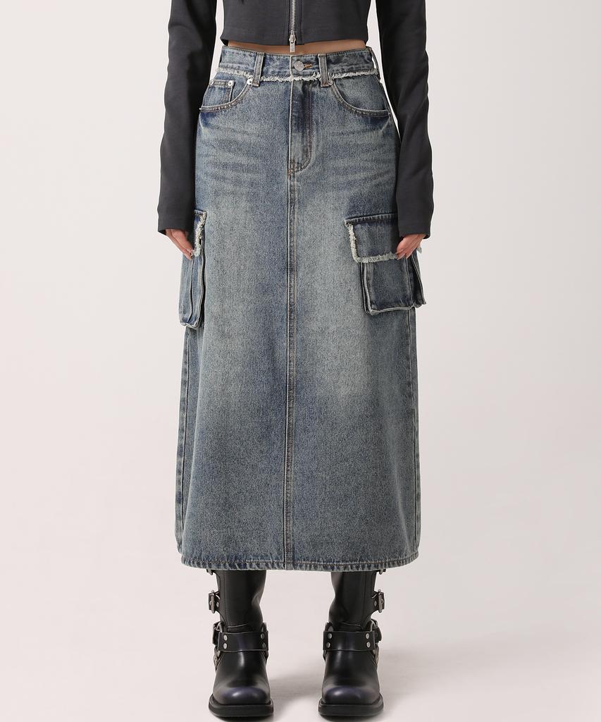 AVANDRESS Harper Tassel Pocket Denim Long Skirt Yellow Blue