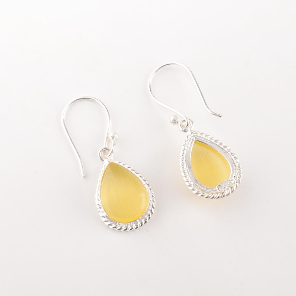 Yellow Cat's Eye Gemstone 925 Stamped Silver Jewelry Stylish Earrings 1.40" Gift EE-9-44