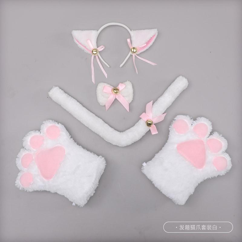 Handmade Cat Ear Headband Set With Paw Gloves Tail Kids Costume Party Animal Role Play