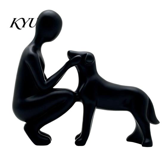 Dekorative Regalstatue für Haustierverlust, Abstrakte Mensch-Hund Harzfigurine, Sandsteinstruktur Bindungsskulptur, Gedenk-Souvenirs, Elternhaus