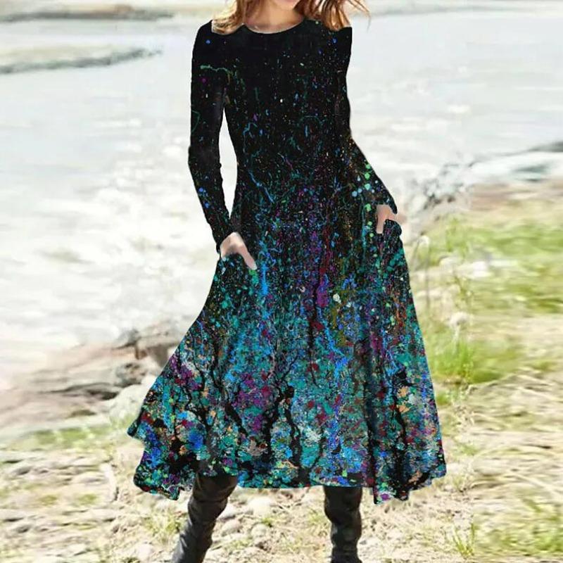 

Женское осенне-зимнее платье с длинными рукавами, длинное многоцветное повседневное платье с принтом в виде большого качели XL синий