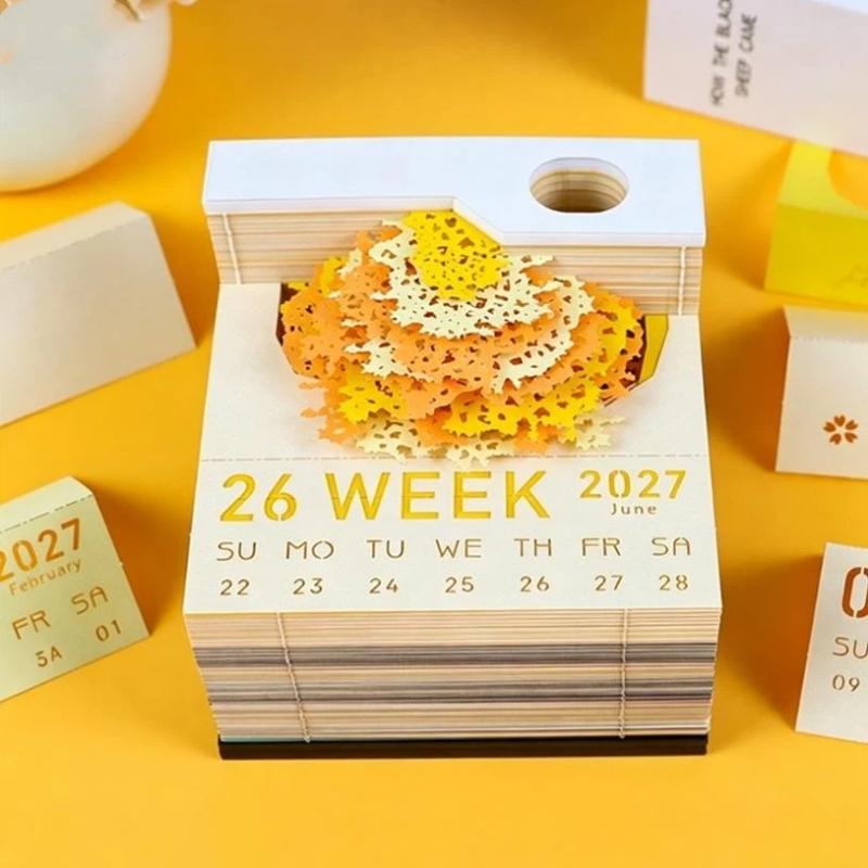 Time Piece Calendar 2027 Desk Calendar With Led Light 3D Tear-Away Calendar Paper Carving Art Memo Pad Notepad Desktop Decor