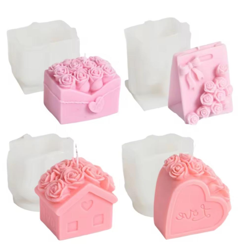DIY Love Rose House Candle Mold 3D Gift Box Flower Pot Aromatherapy Soap Silicone Candle Making Tool Valentine's Day Decoration