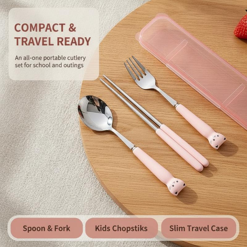 3Pcs Cute Cat Kids Tableware Set Stainless Steel Spoon Fork Chopsticks Portable Cutlery Kit For Student School Travel Use