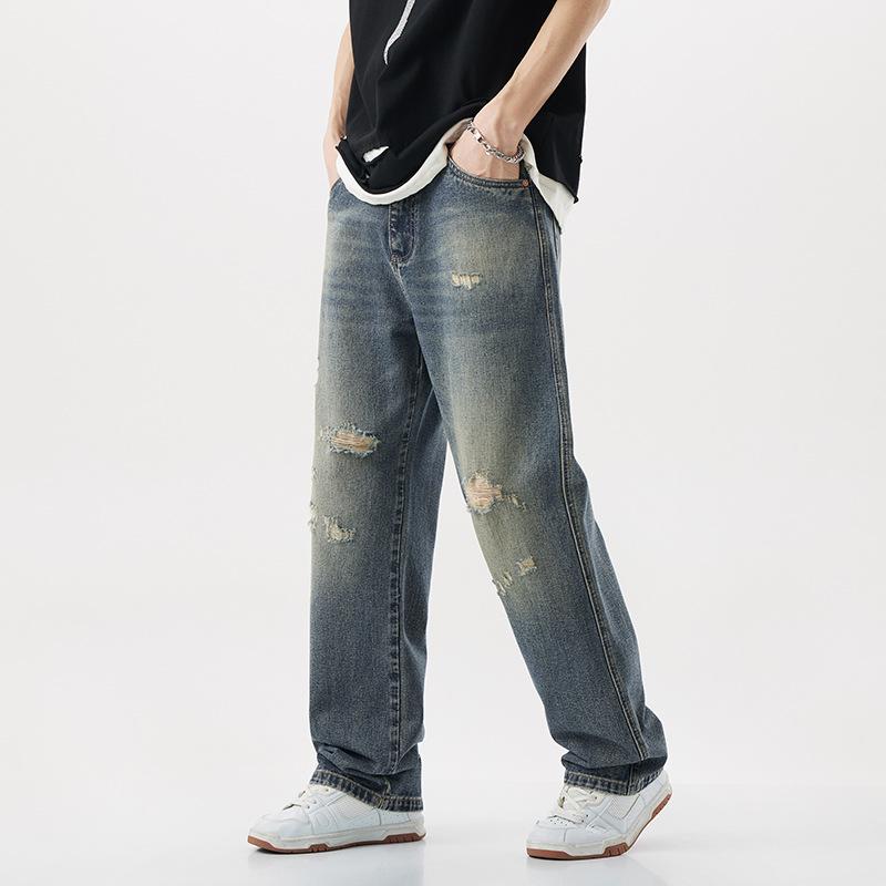 Rotten hole jeans men's summer retro loose wash American ripped hole high street straight wide leg casual trousers men