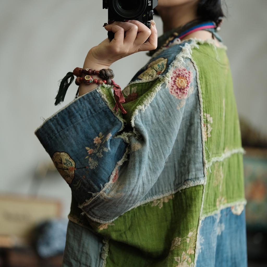 Johnature Women Vintage Patchwork Spring Chinese Style Print Floral O-Neck Long Sleeve Female T-Shirts
