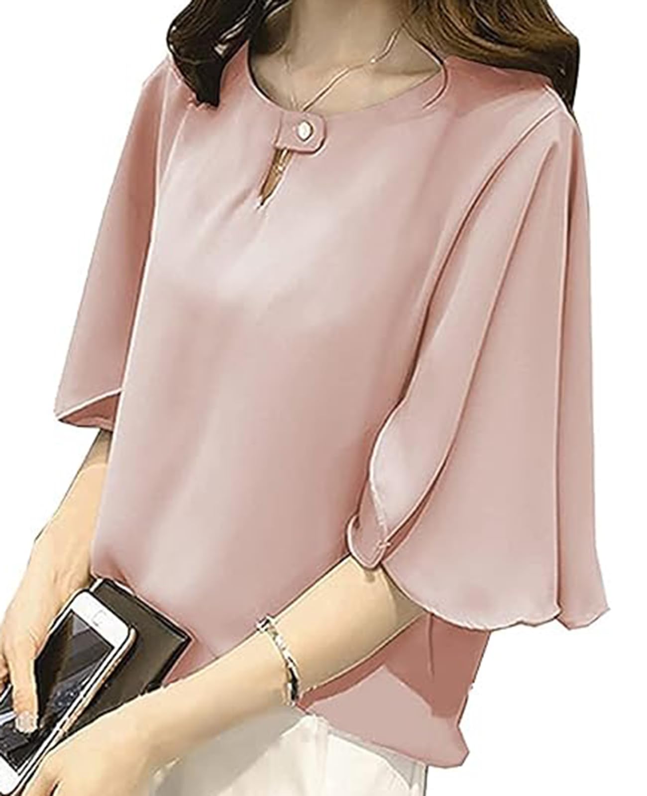 

unifisss Шифоновая короткая элегантная летняя однотонная пушистая женская блузка с рукавами-клеш, рукав, топ, удобная, рукава 5/8, смок, баллон, цвет, розовый