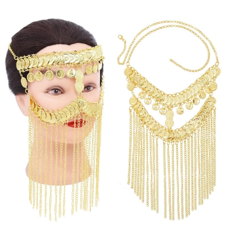 Gold Coin Veils Headband Coin Face Chain Belly Dance Jewelry Accessory Halloween Christams Cosplay Party Performances