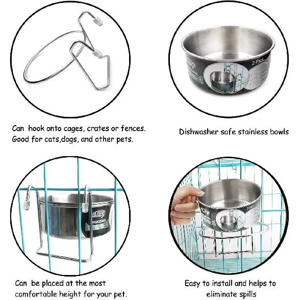 Hanging Pet Bowl, 3 Size 2 Pack Non Spill Stainless Steel Food Water Bowls Bunny Feeder with Hook for Dogs Cats in Crate, Cage & Kennel (S/18 Ounce)