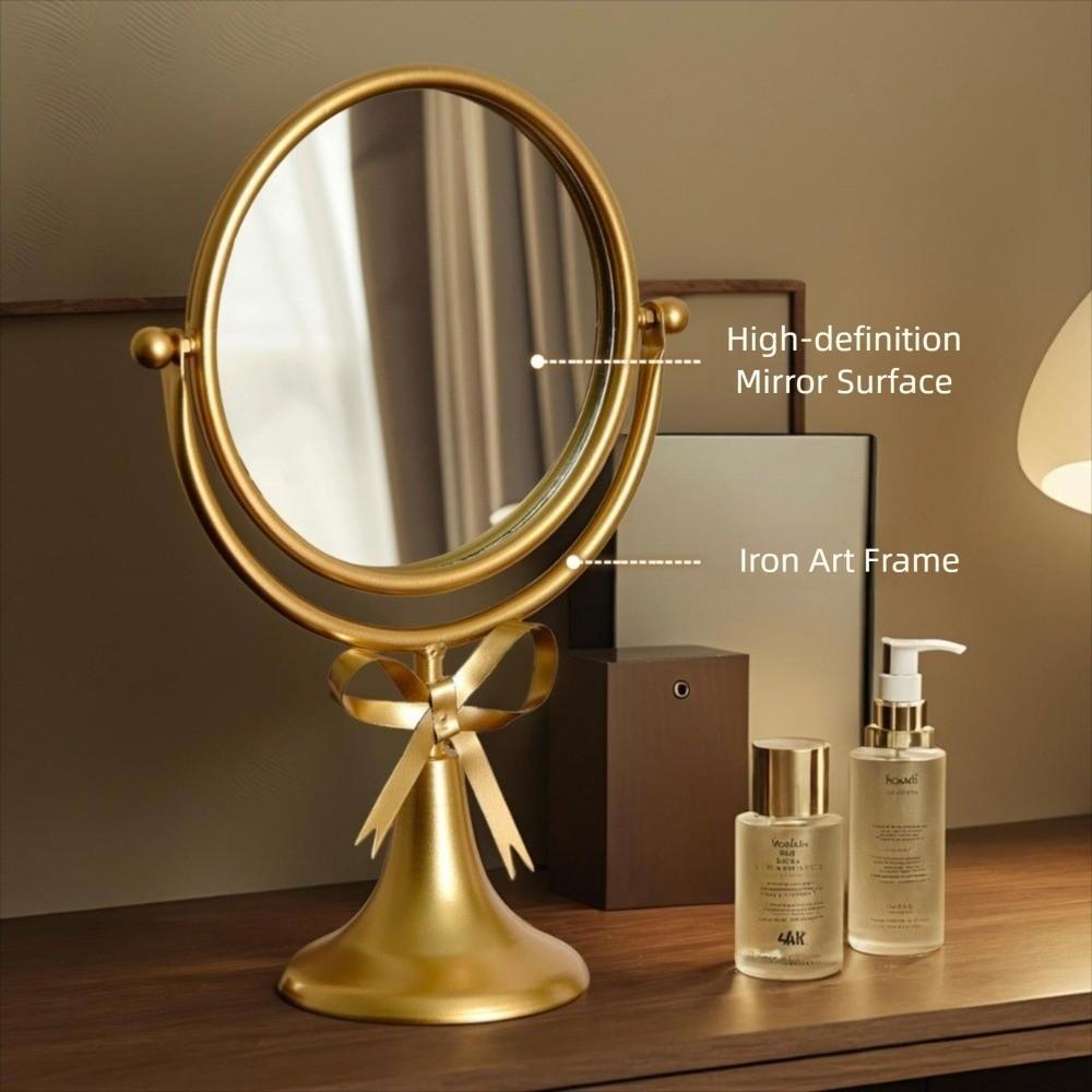 360° Rotatable Makeup Mirror Oval Desktop Stand Mirror Iron Art Bow Vanity Mirror  TableTop
