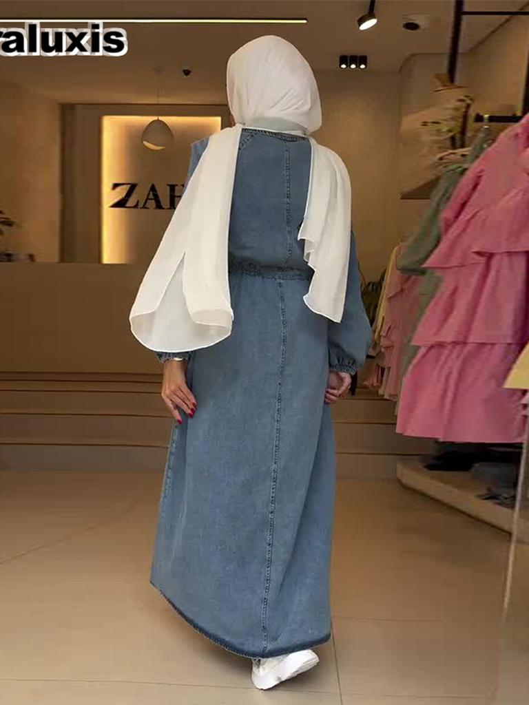 Autumn New Arrivals Women's Long Sleeve Drawstring Waist Loose Denim Maxi Dress