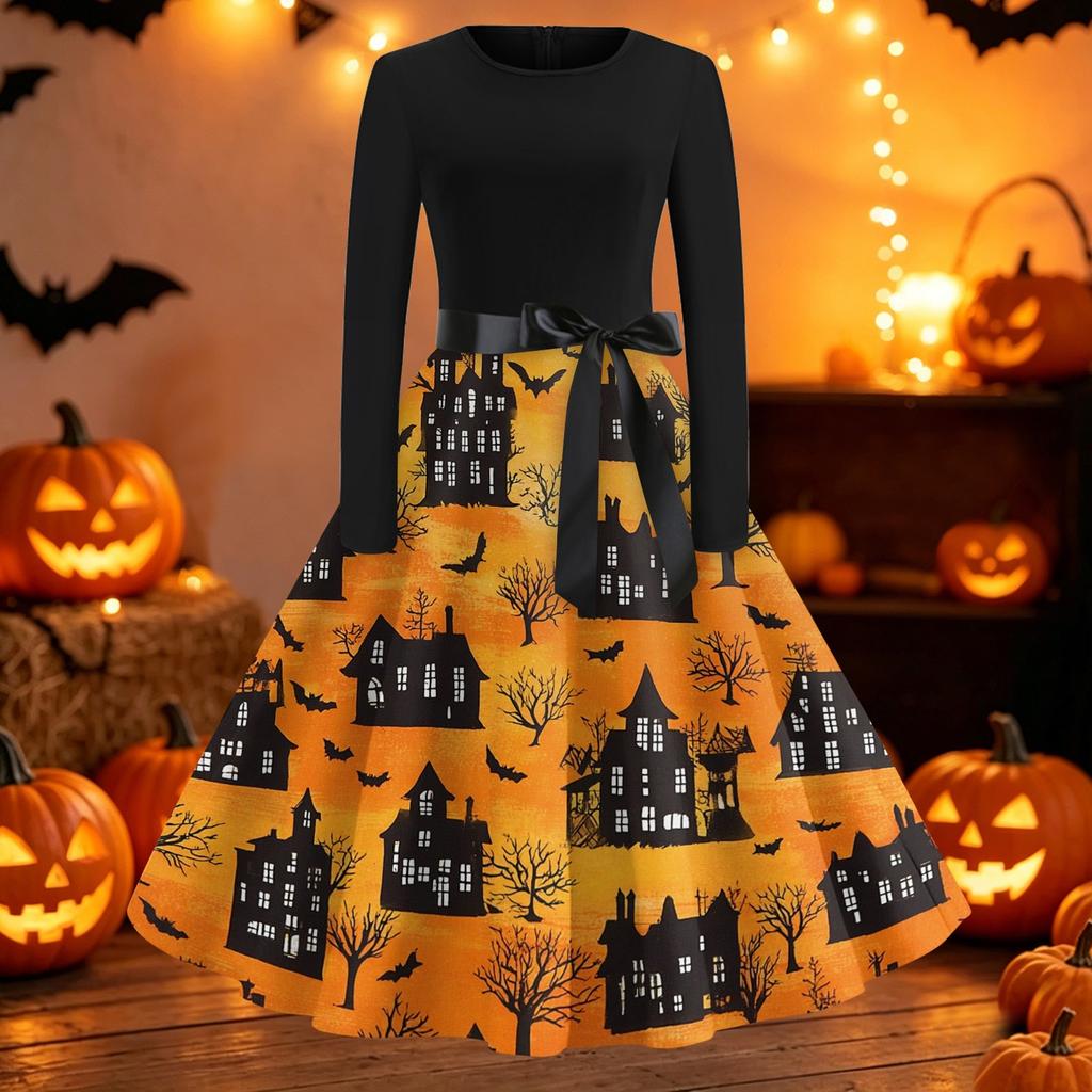 Women Crew Neck Long Sleeve Casual Fit and Flare Halloween Print Dress with Belt for Autumn Holiday Party Outfits