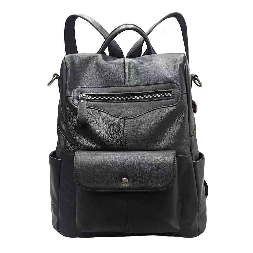 Lederrucksack Damen Schwarz First Layer Rindsleder Damenrucksack Trendy Fashion Vielseitige Weiche Leder Damentasche