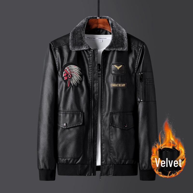 Men's Plus Size Embroidered Leather Baseball Jacket with Velvet, Trendy Spring & Autumn Outerwear.