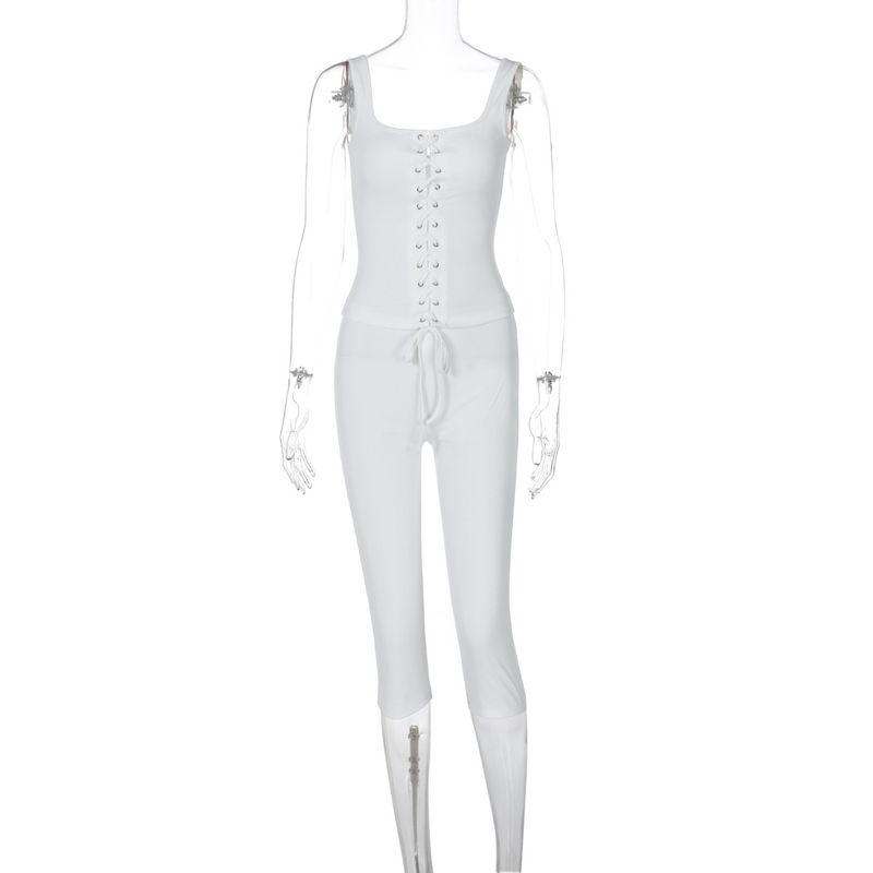 

Strap Top Solid Color Slim Fit Pants Set Tied Top Pure Color Blouse and Pants White L