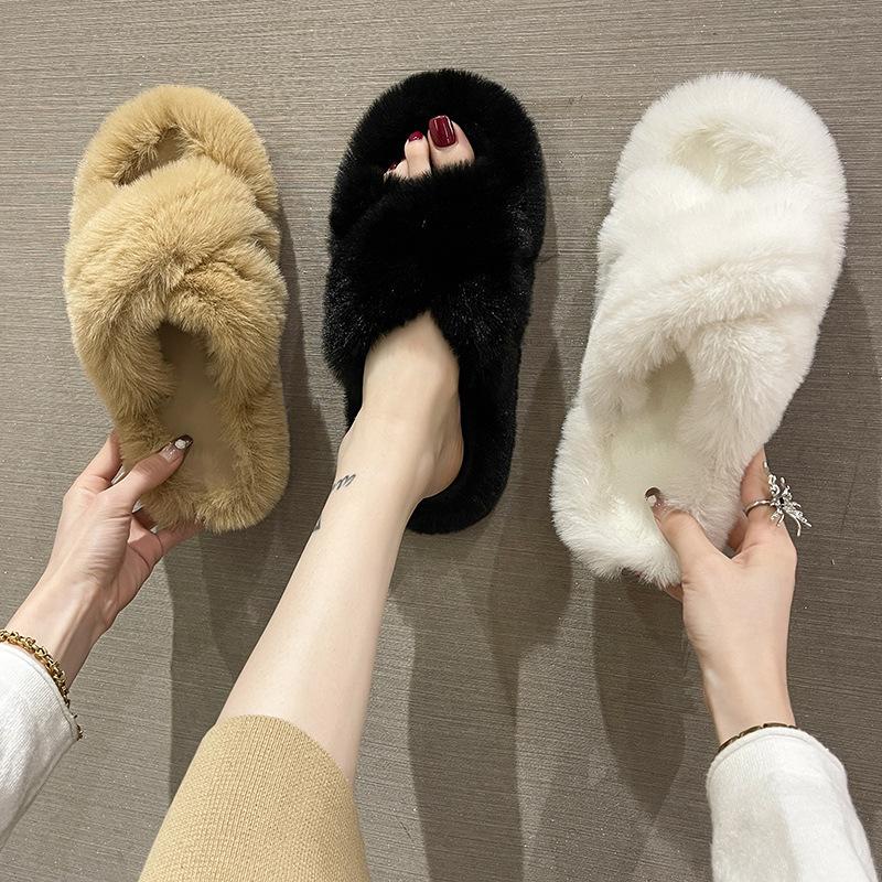 Women's Furry Platform Slippers - Thick Bottom Cross Strap for Autumn/Winter, Height-Increasing, Soft Cotton for Home or Outdoor Use