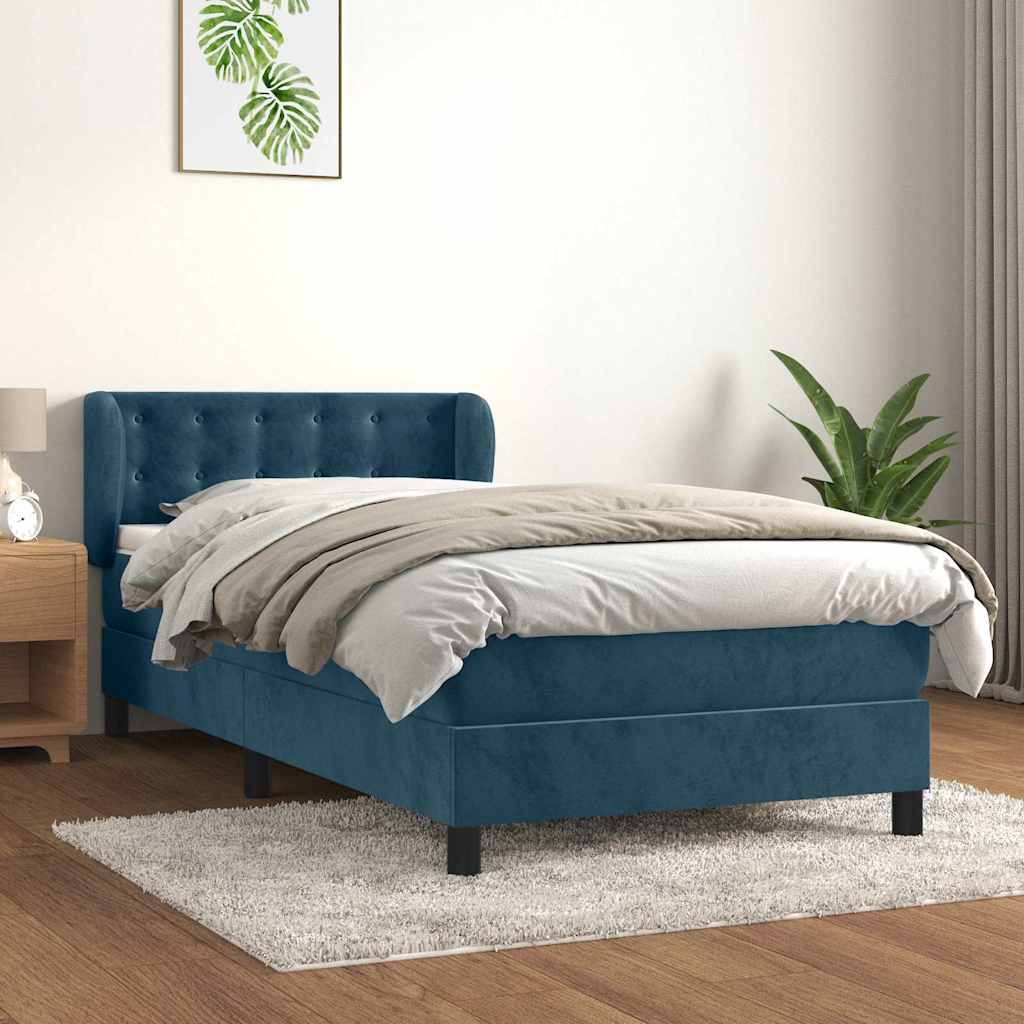 Box Spring Bed with Mattress Dark Blue 90 x 190 cm Velvet