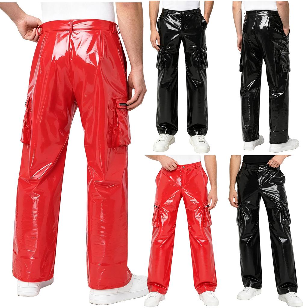 Mens Glossy PU Leather Cargo Pants Multi Pocket Straight Leg Punk Trousers Y2k Streetwear