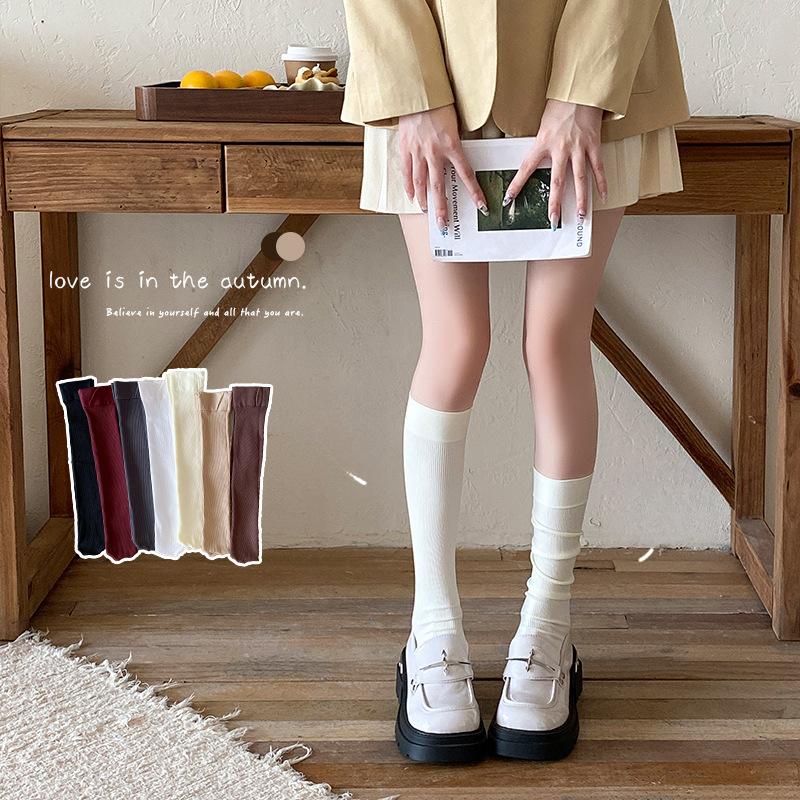 Women's Spring and Autumn Solid Color Long Stockings for Slimming, Retro Ankela Red Solid Color Knee-length Slimming Legs