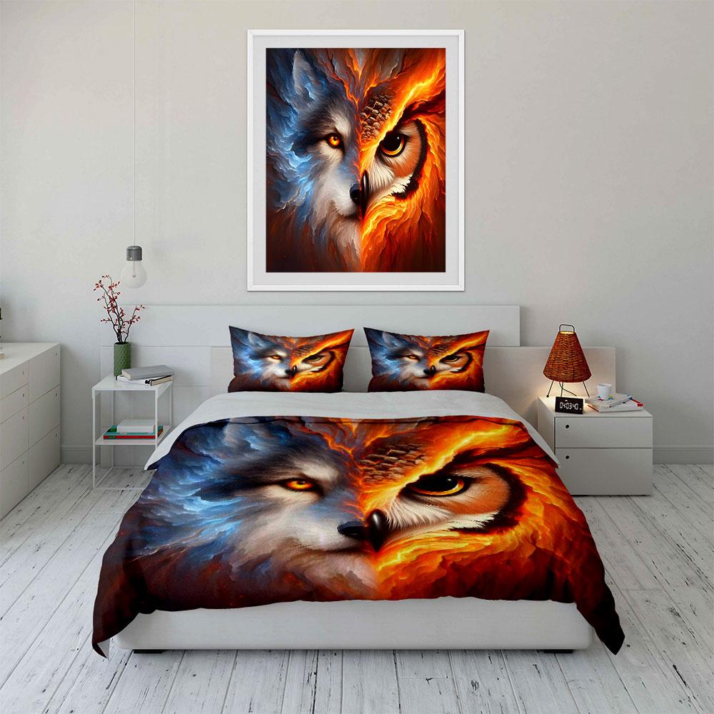 Wolf Owl Fire Ice Decor Multiple sizes kid's and adults' bedroom Exquisite 3PC bedding set, gift