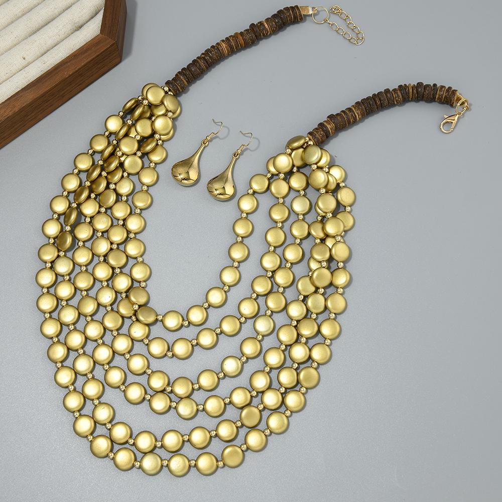 2026 Trend Multi Layer Round Wood Disc Handmade Beaded Statement Necklace Earrings Set For Women Party Jewelry Accessories