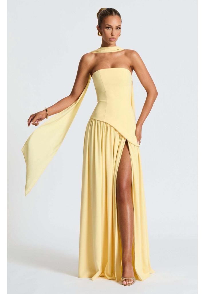Vestido de mujer sin tirantes, sin espalda y con abertura, estilo europeo y americano, 2025 - Sexy, Color liso, Abertura alta, Vestido largo